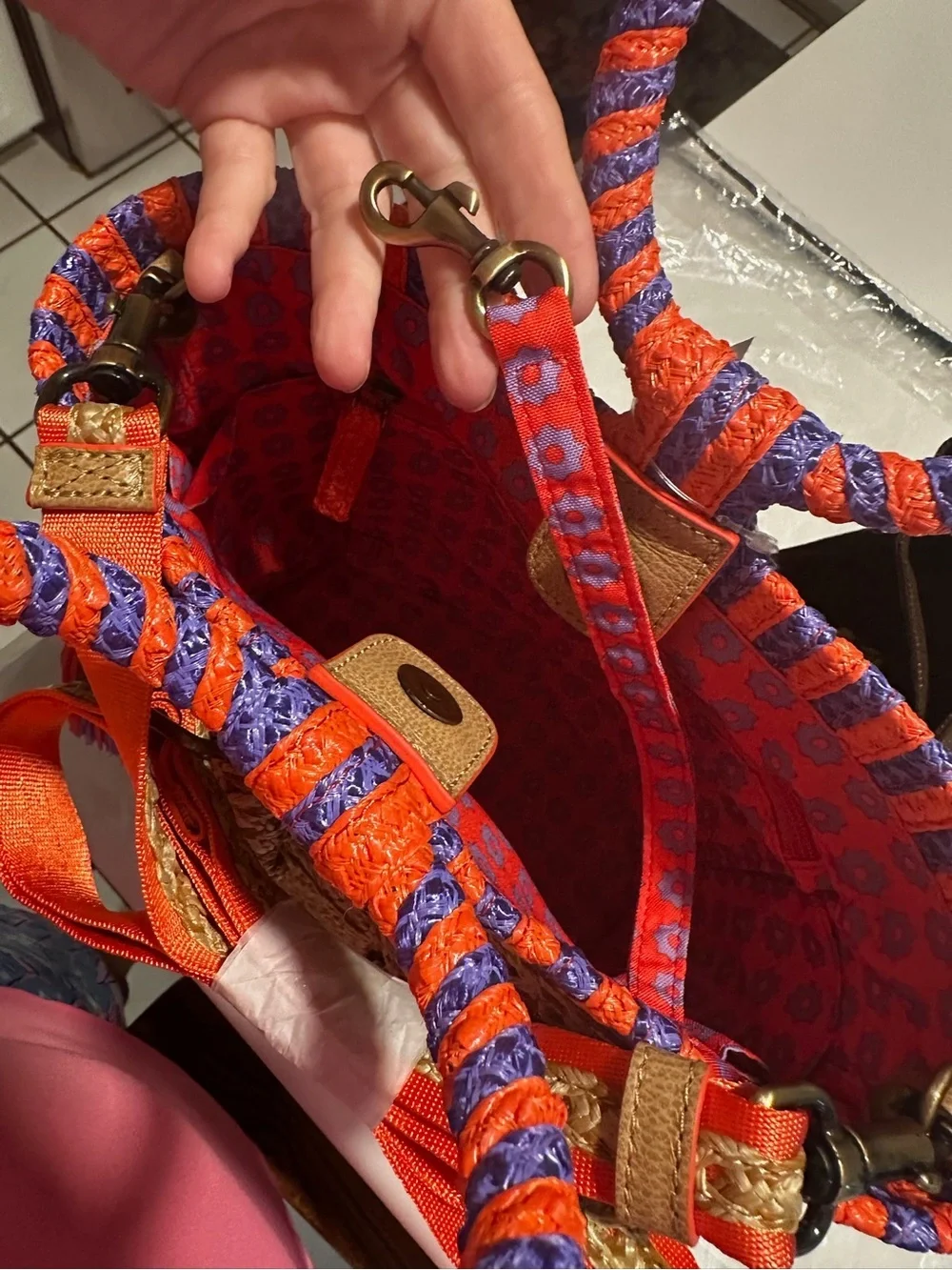 Eric Javits Straw Tote with orange and purple Trim